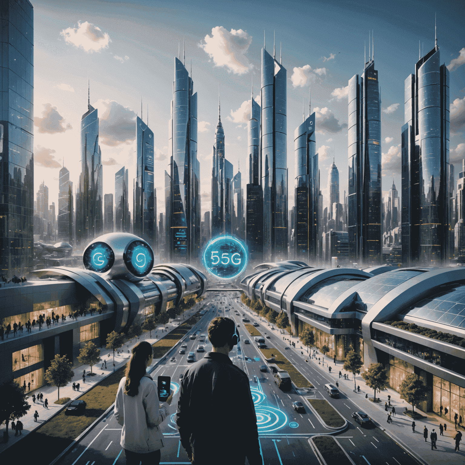 A futuristic cityscape with 5G towers and people using advanced mobile devices, showcasing the integration of 5G technology in urban environments