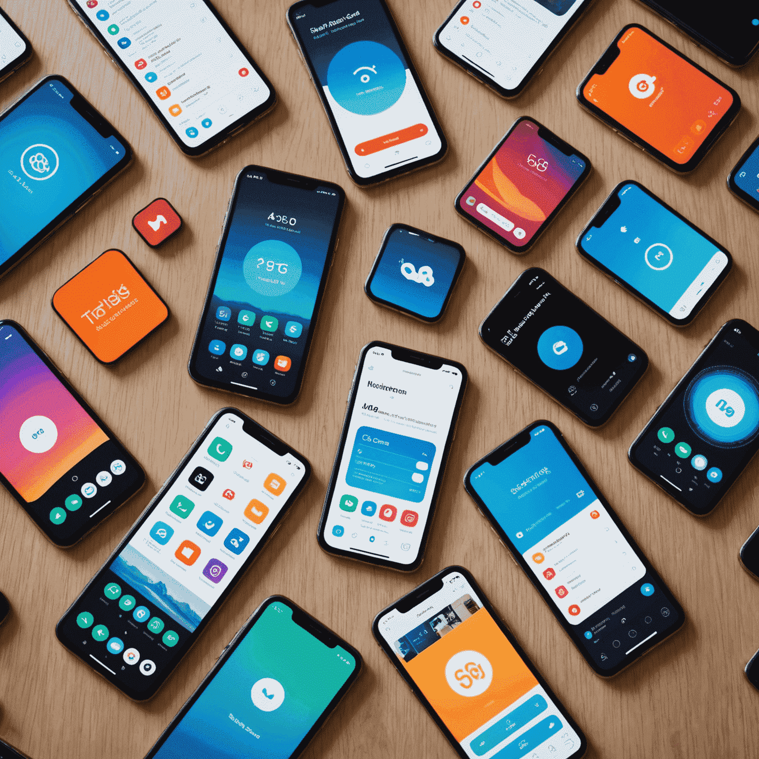 Collage of modern smartphones displaying various trending mobile apps, including AR, AI assistants, and 5G-enabled applications