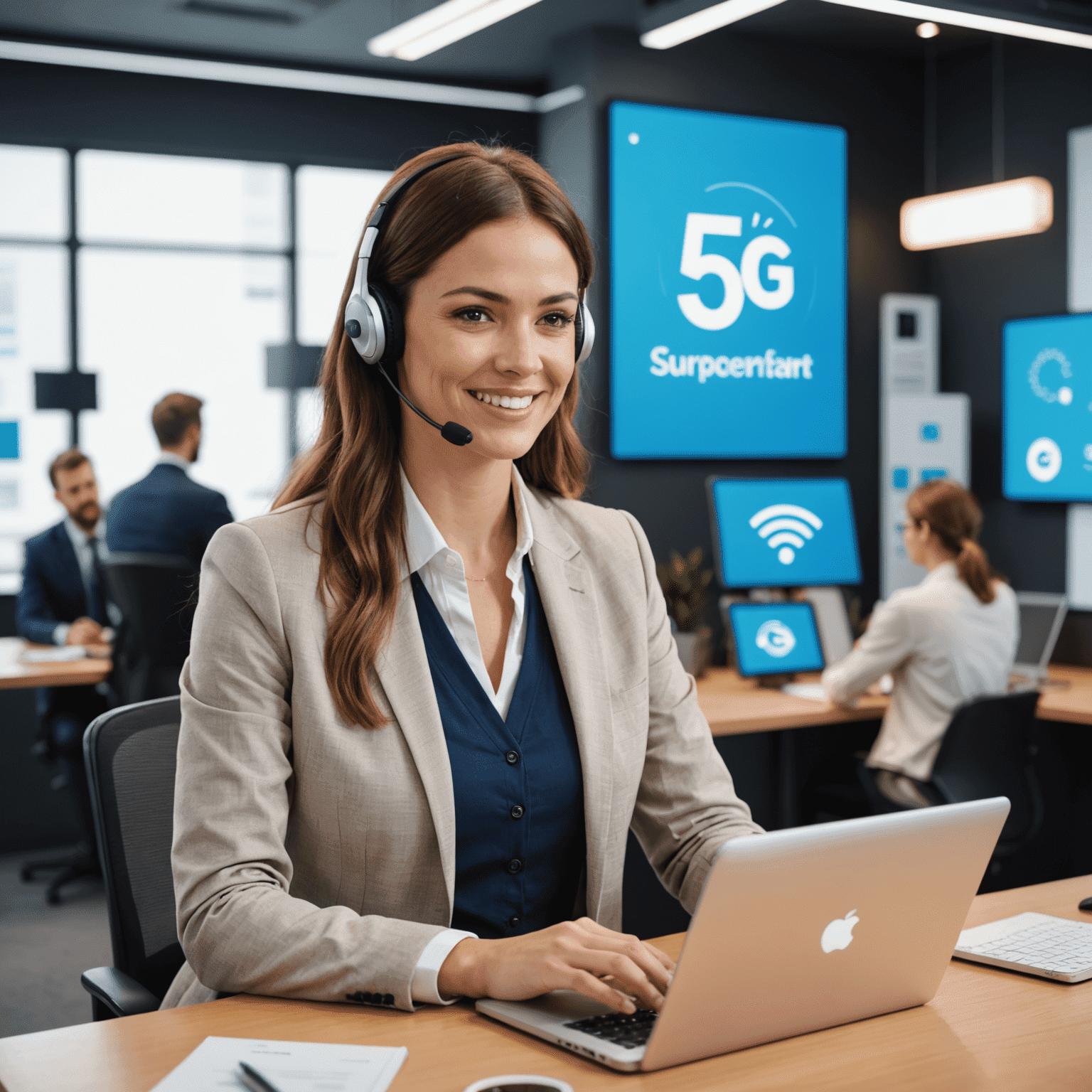 A friendly customer support representative assisting a client with mobile services, showcasing various communication devices and a 5G network symbol in the background