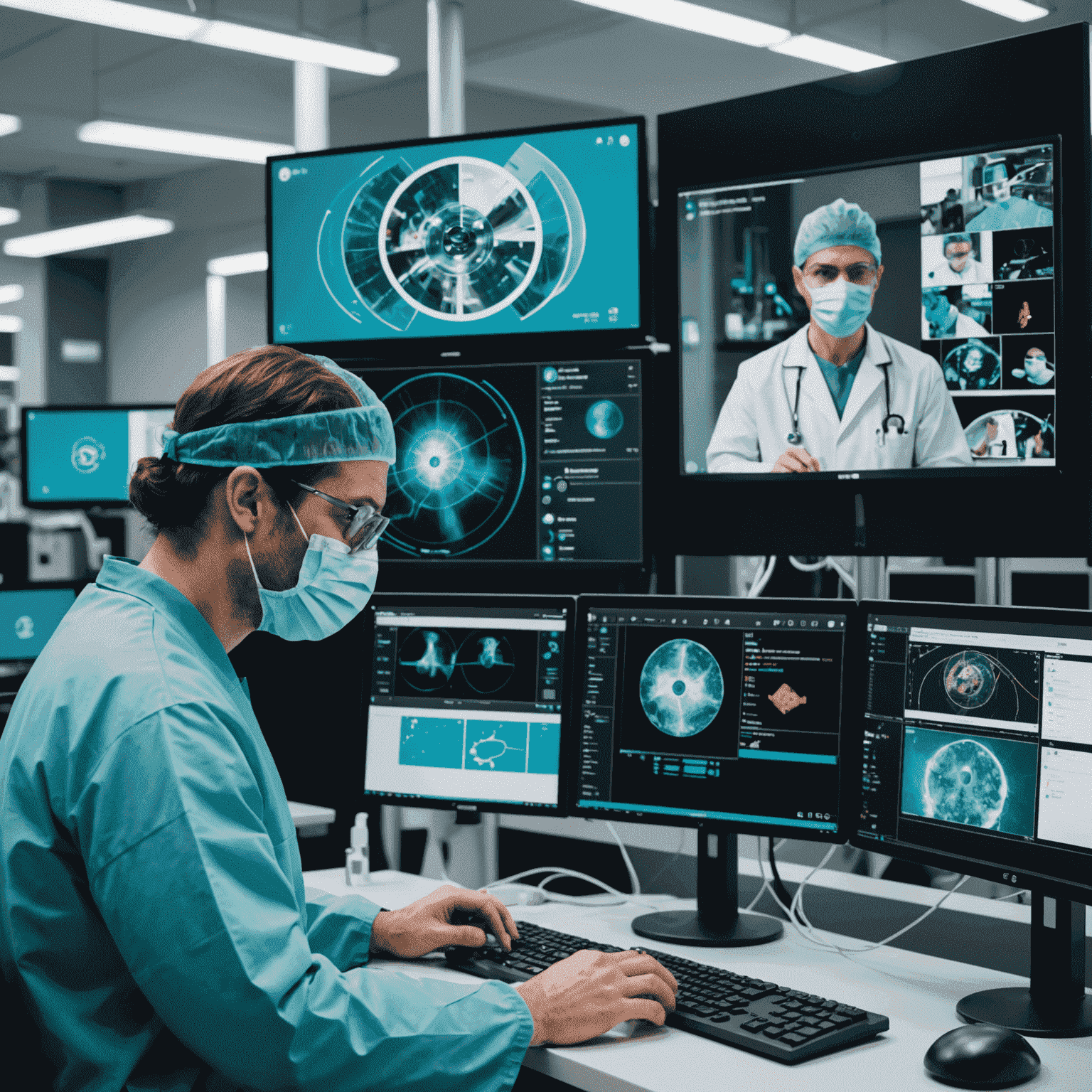 A split-screen image showing a surgeon performing remote surgery using 5G technology on one side, and a smart city control center on the other, emphasizing the diverse applications of low-latency 5G