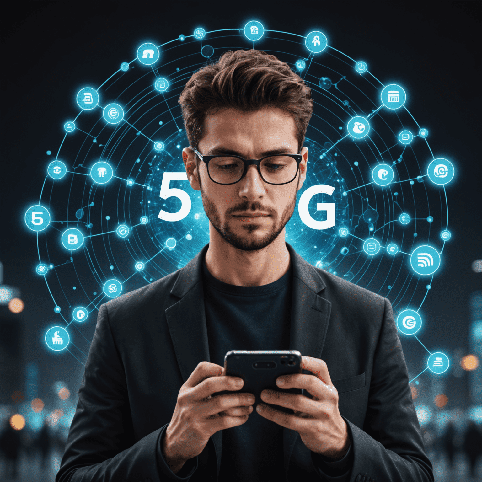 Person using a smartphone with 5G icon, surrounded by futuristic network visualization