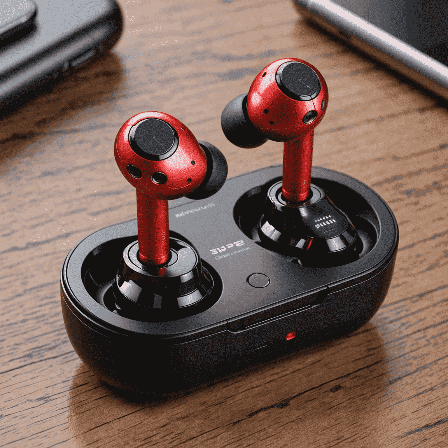 Red and black wireless earbuds with charging case, perfect for clear mobile communications