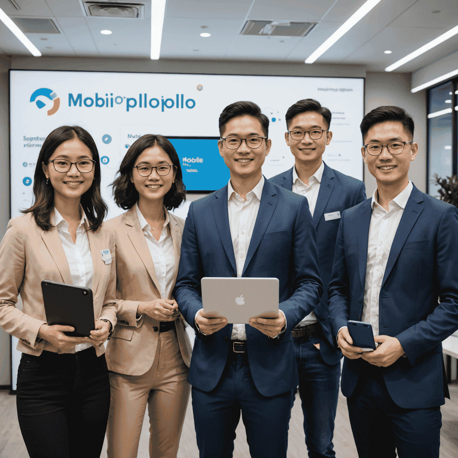 A diverse team of Mobipolo customer support representatives, showcasing their expertise in mobile plans, 5G technology, and various communication devices