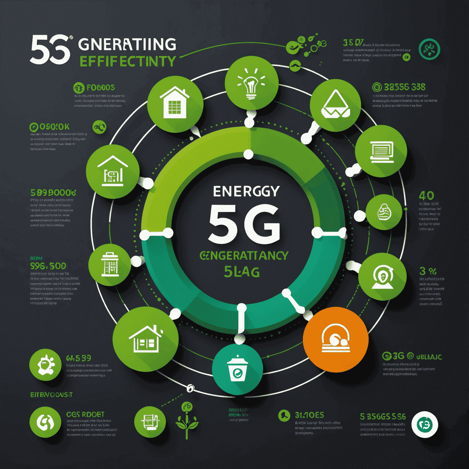 An infographic showing the energy efficiency of 5G compared to previous generations, with green icons representing reduced carbon footprint and sustainable technology