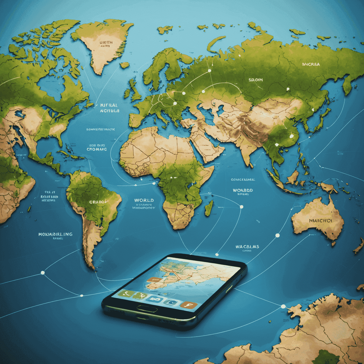 World map with highlighted countries and a smartphone showing roaming connectivity
