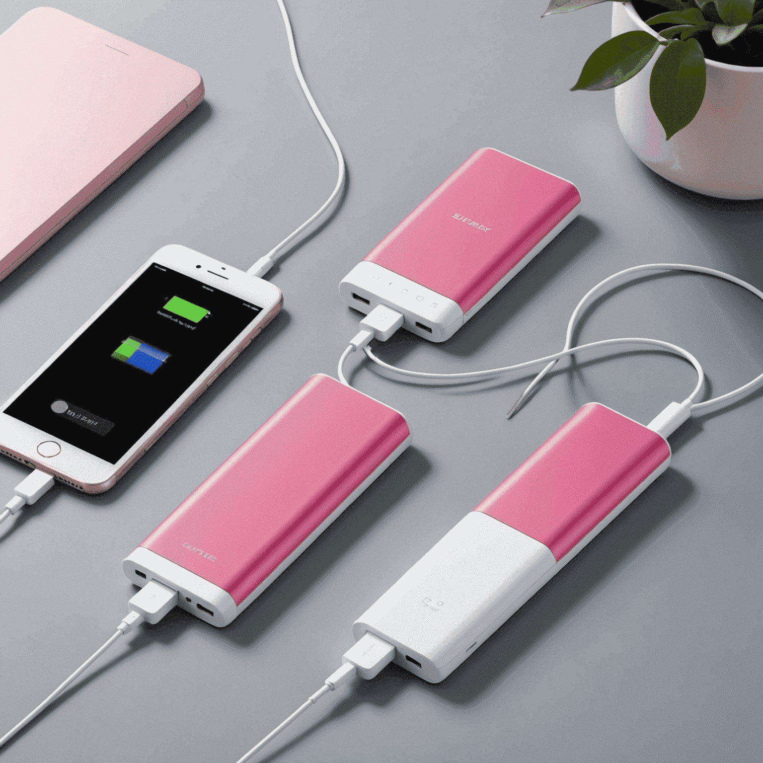 A slim, pink and white portable charger with multiple ports for various mobile devices