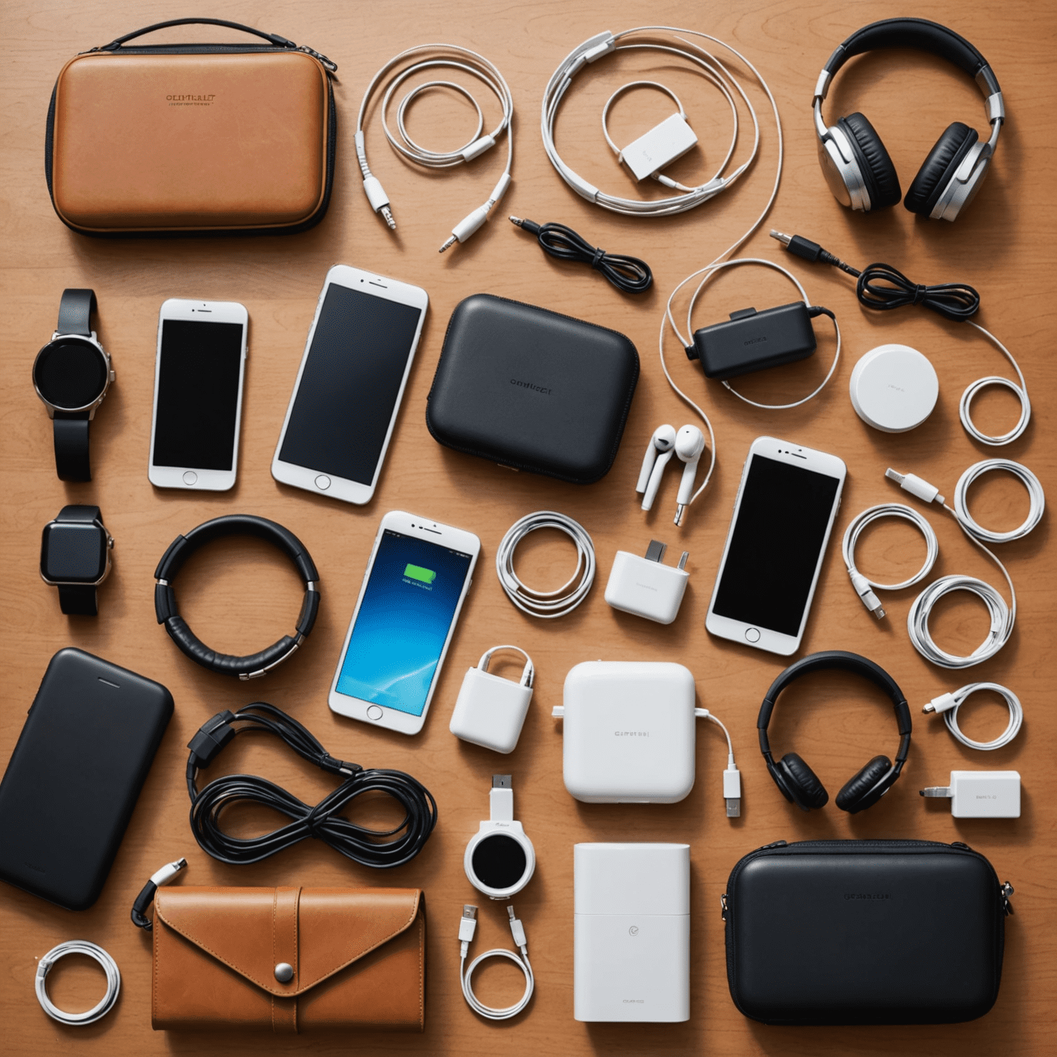 Various mobile accessories including headphones, cases, and chargers arranged in an attractive display