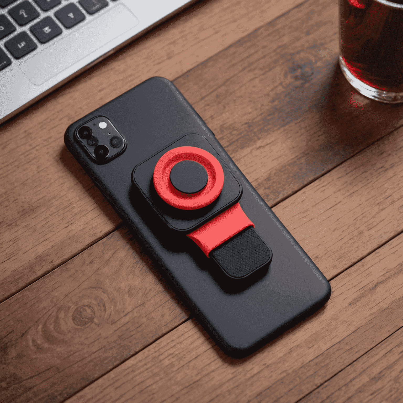 A stylish black and red phone grip and stand combo attached to a smartphone