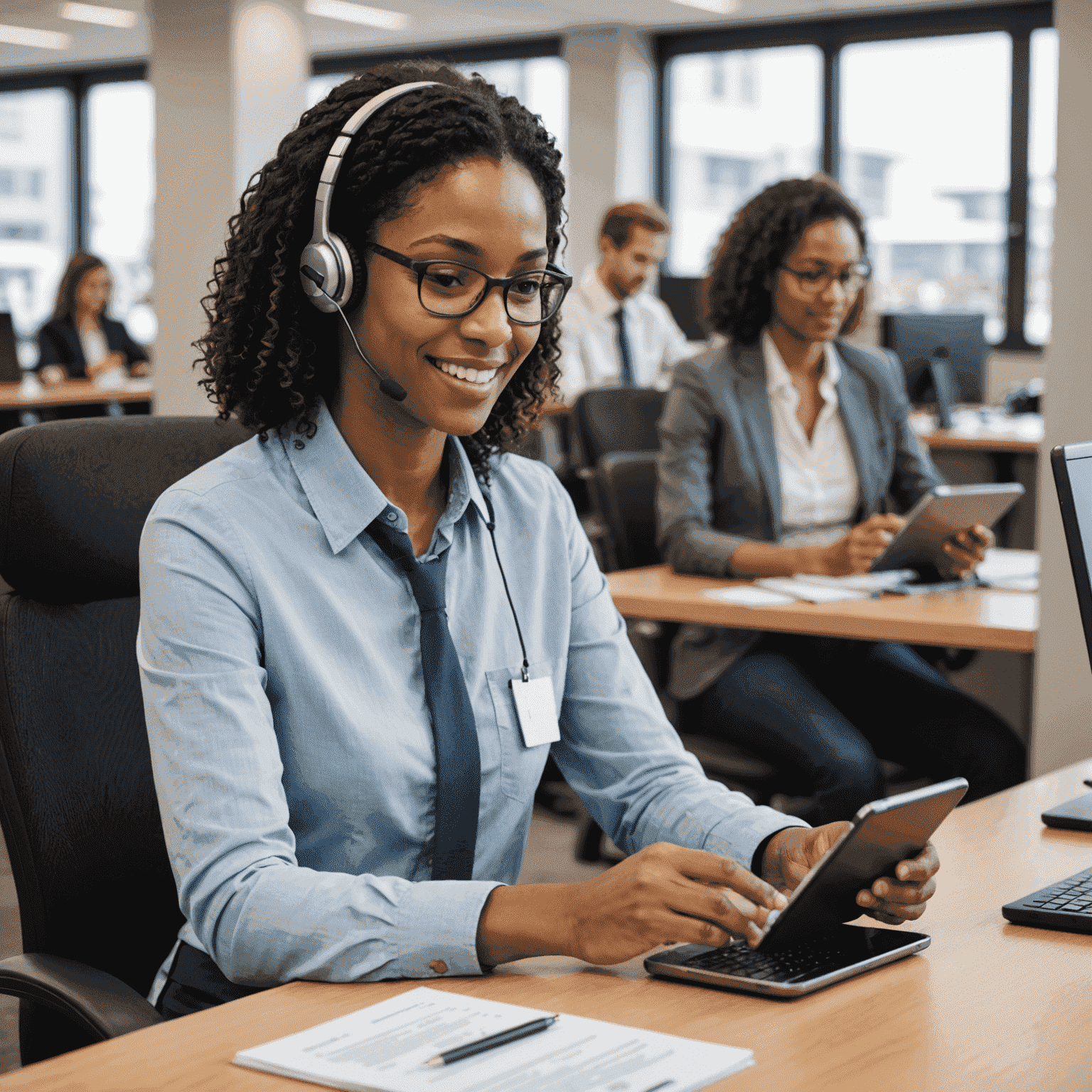 Friendly customer support representative assisting a client with a mobile device